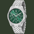 Maserati stainless steel chronograph watch with a green dial and matching green subdials, shown on a white background.