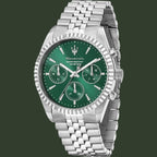 Maserati stainless steel chronograph watch with a green dial and matching green subdials, shown on a white background.