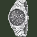 Maserati stainless steel chronograph watch with a dark gray dial and integrated link bracelet, shown on a white background.