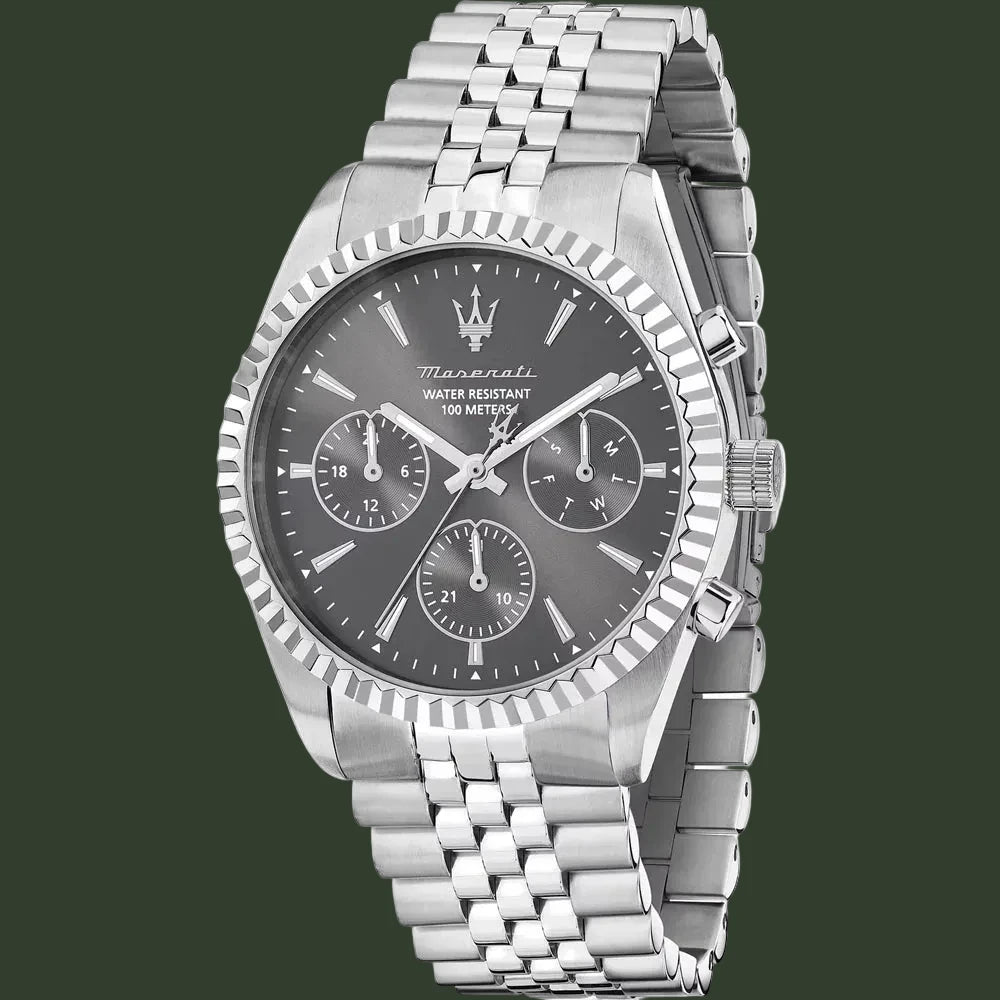 Maserati stainless steel chronograph watch with a dark gray dial and integrated link bracelet, shown on a white background.