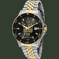 Two-tone watch with black face and gold accents on a white background