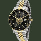 Two-tone watch with black face and gold accents on a white background