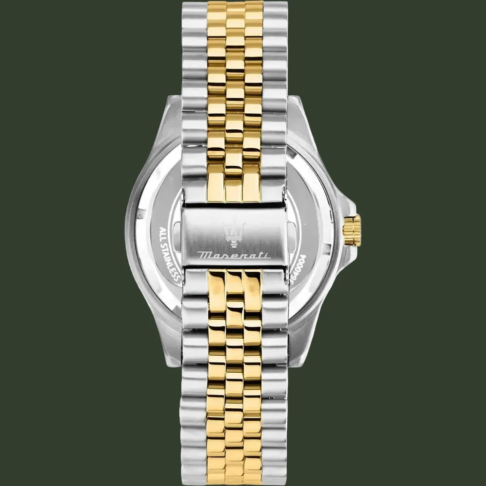 Two-tone silver and gold watch with Maserati branding on a white background
