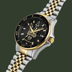 Luxury watch with black dial, gold accents, and silver and gold metal band on a white background