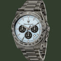 Manorati watch with silver metal strap and light blue dial on a white background