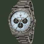 Manorati watch with silver metal strap and light blue dial on a white background