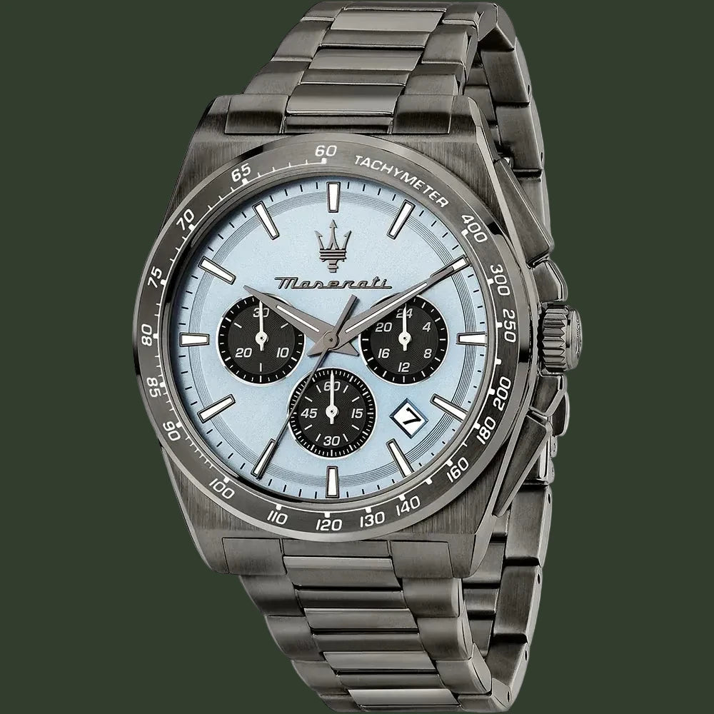 Manorati watch with silver metal strap and light blue dial on a white background