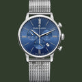 Silver watch with blue face on a white background