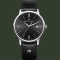Maurice Lacroix watch with black dial and leather strap on a white background