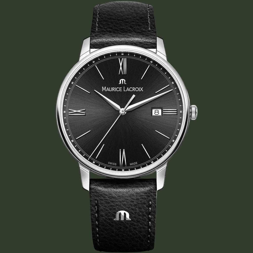 Maurice Lacroix watch with black dial and leather strap on a white background