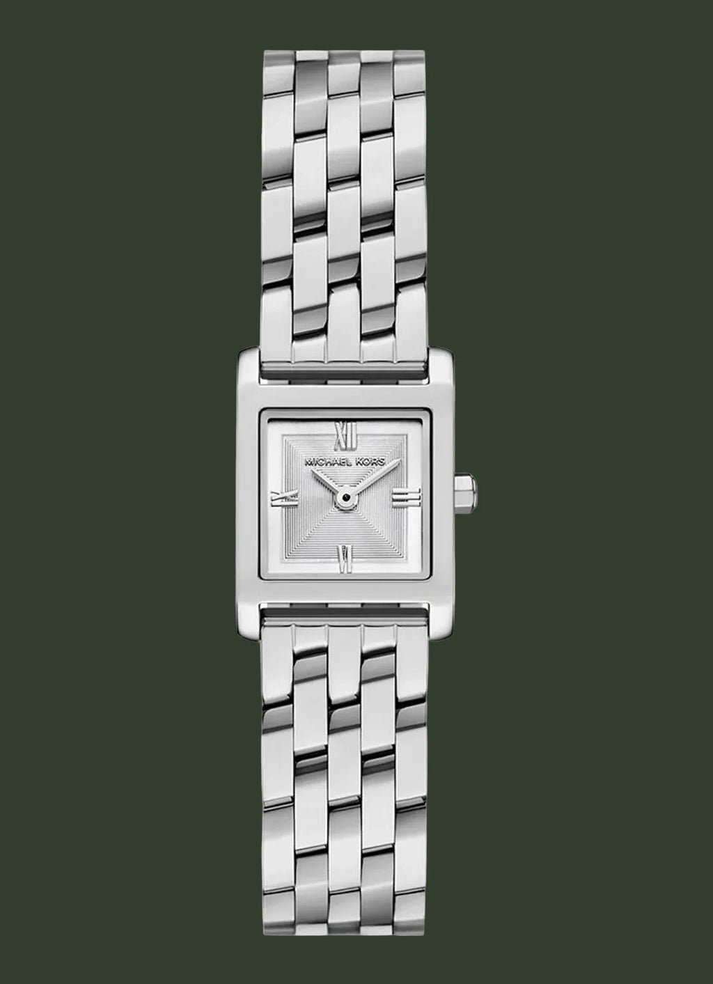 Silver watch with a square face on a white background