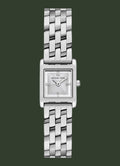 Silver watch with a square face on a white background