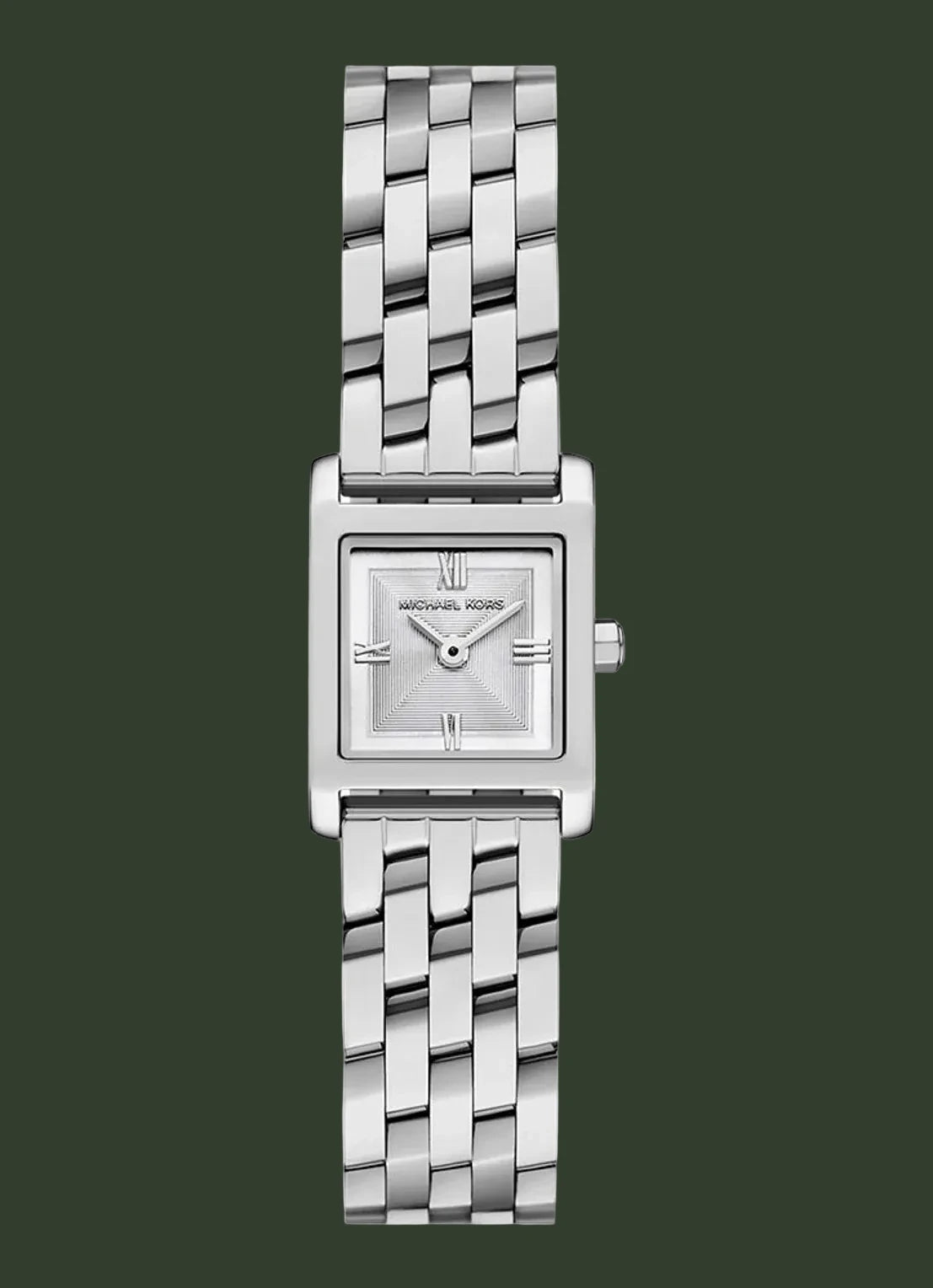 Silver watch with a square face on a white background