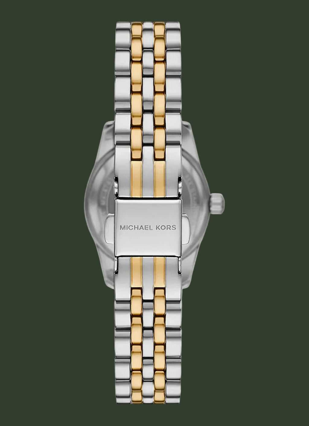 Michael Kors women's stainless steel and gold-tone two-tone watch shown from the back, featuring a silver-toned case back and a matching two-tone metal link bracelet with a central clasp engraved with the brand name.