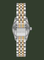 Michael Kors women's stainless steel and gold-tone two-tone watch shown from the back, featuring a silver-toned case back and a matching two-tone metal link bracelet with a central clasp engraved with the brand name.