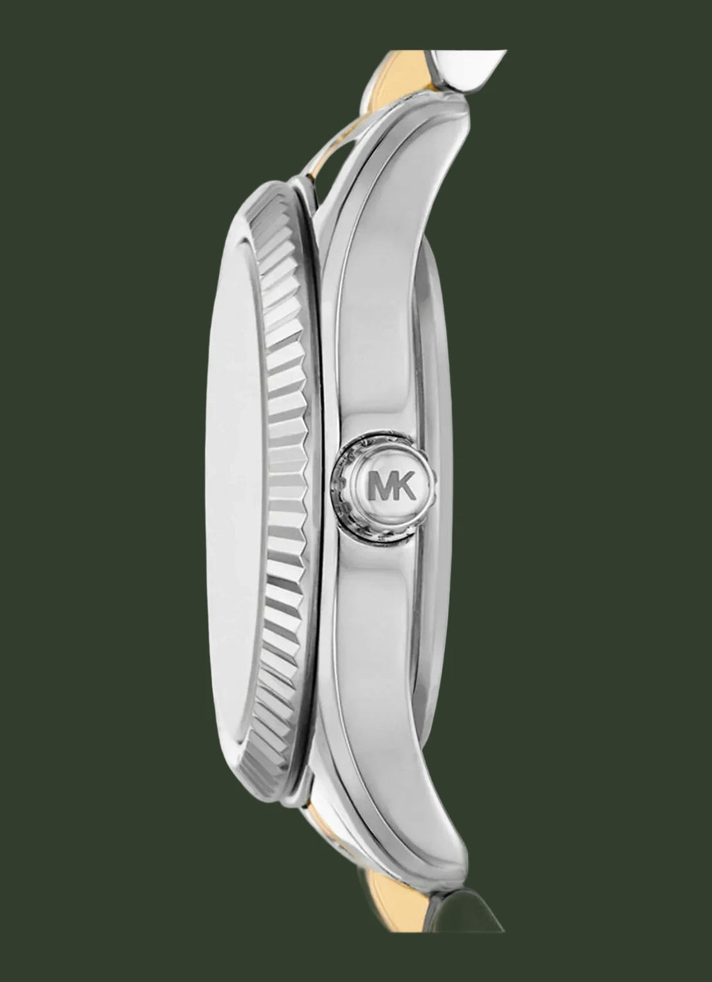Close-up side view of a Michael Kors watch with a silver-toned metal case, fluted bezel, and a two-tone gold and silver bracelet on a white background.