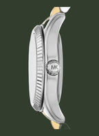 Close-up side view of a Michael Kors watch with a silver-toned metal case, fluted bezel, and a two-tone gold and silver bracelet on a white background.