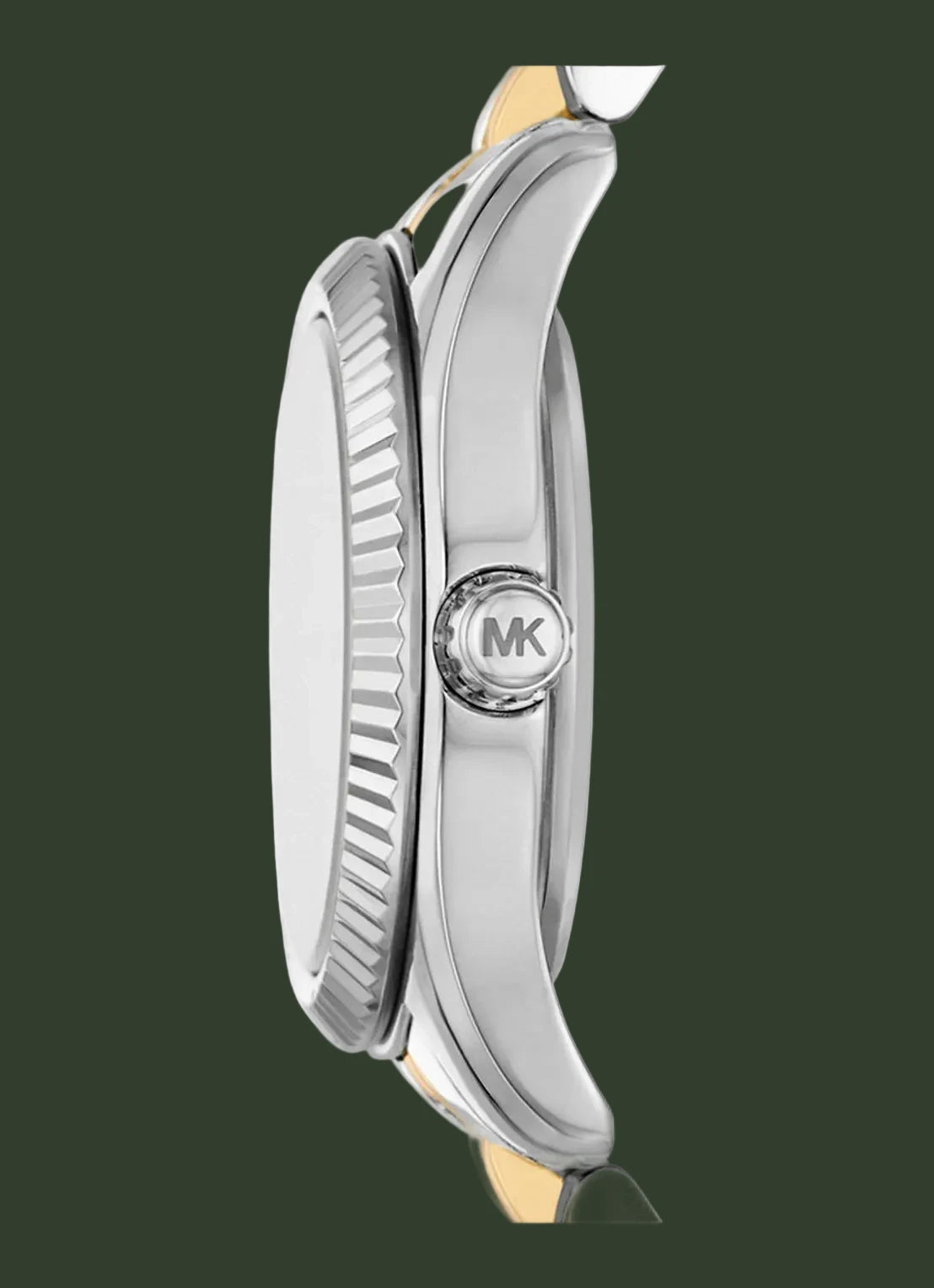 Close-up side view of a Michael Kors watch with a silver-toned metal case, fluted bezel, and a two-tone gold and silver bracelet on a white background.