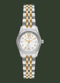 Michael Kors women's two-tone stainless steel and gold watch with a white dial, crystal rhinestone hour markers, and a matching two-tone link bracelet, shown on a plain white background.