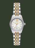 Michael Kors women's two-tone stainless steel and gold watch with a white dial, crystal rhinestone hour markers, and a matching two-tone link bracelet, shown on a plain white background.