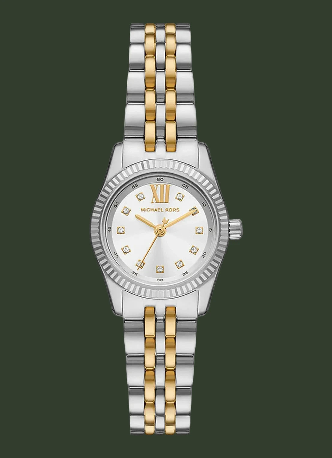 Michael Kors women's two-tone stainless steel and gold watch with a white dial, crystal rhinestone hour markers, and a matching two-tone link bracelet, shown on a plain white background.