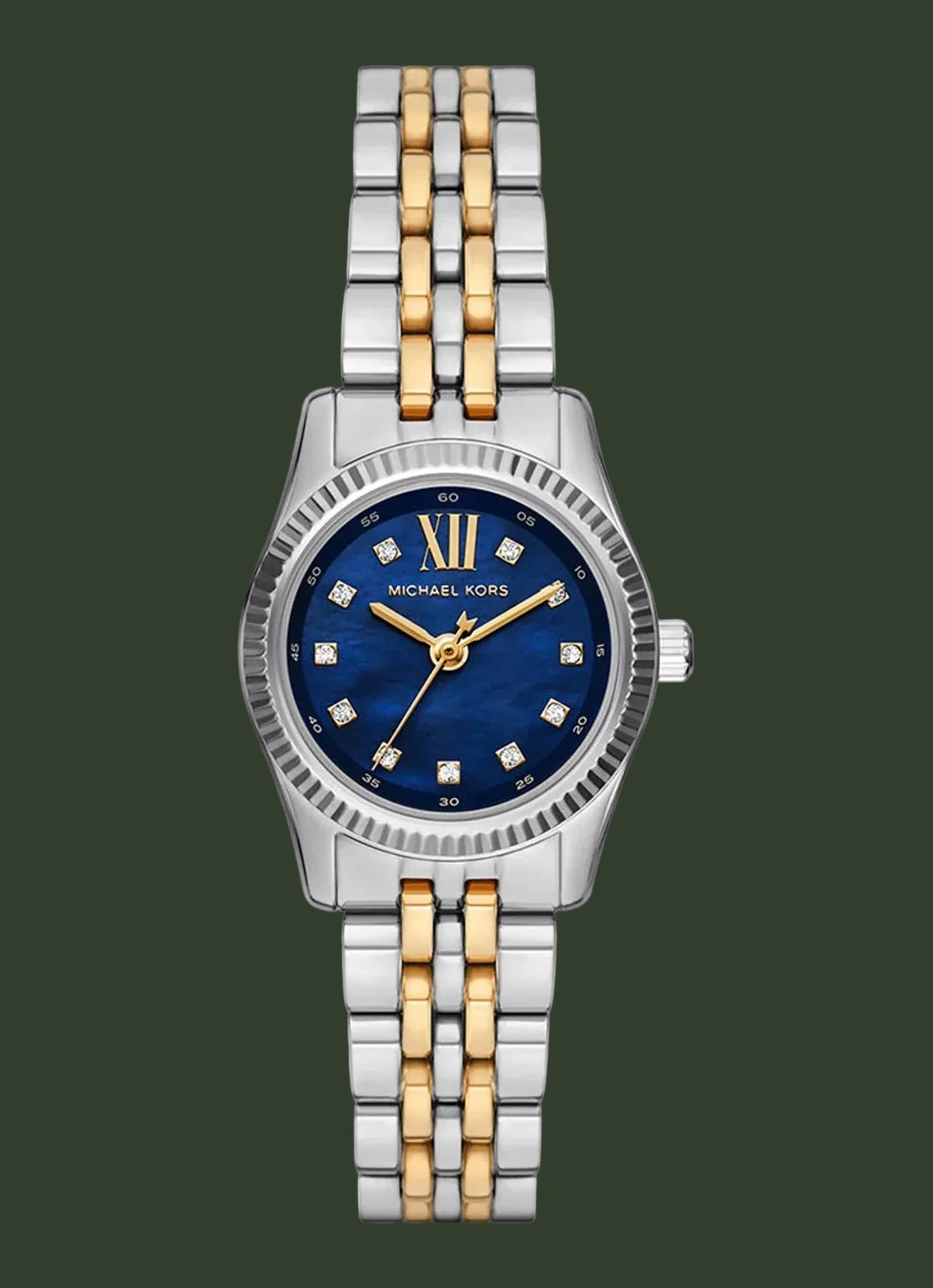 Two-tone watch with a blue face and gold accents on a white background