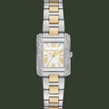 Two-tone watch with silver and gold band on a white background