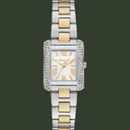 Two-tone watch with silver and gold band on a white background