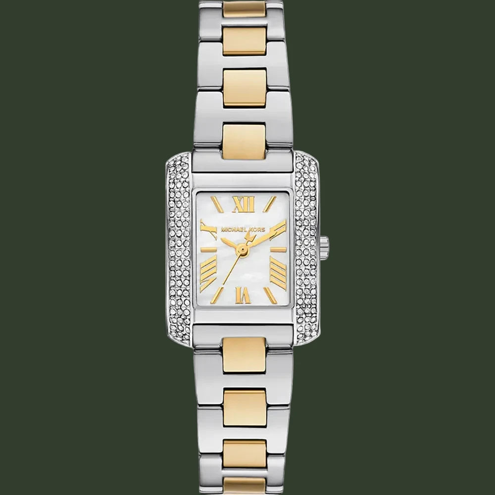 Two-tone watch with silver and gold band on a white background