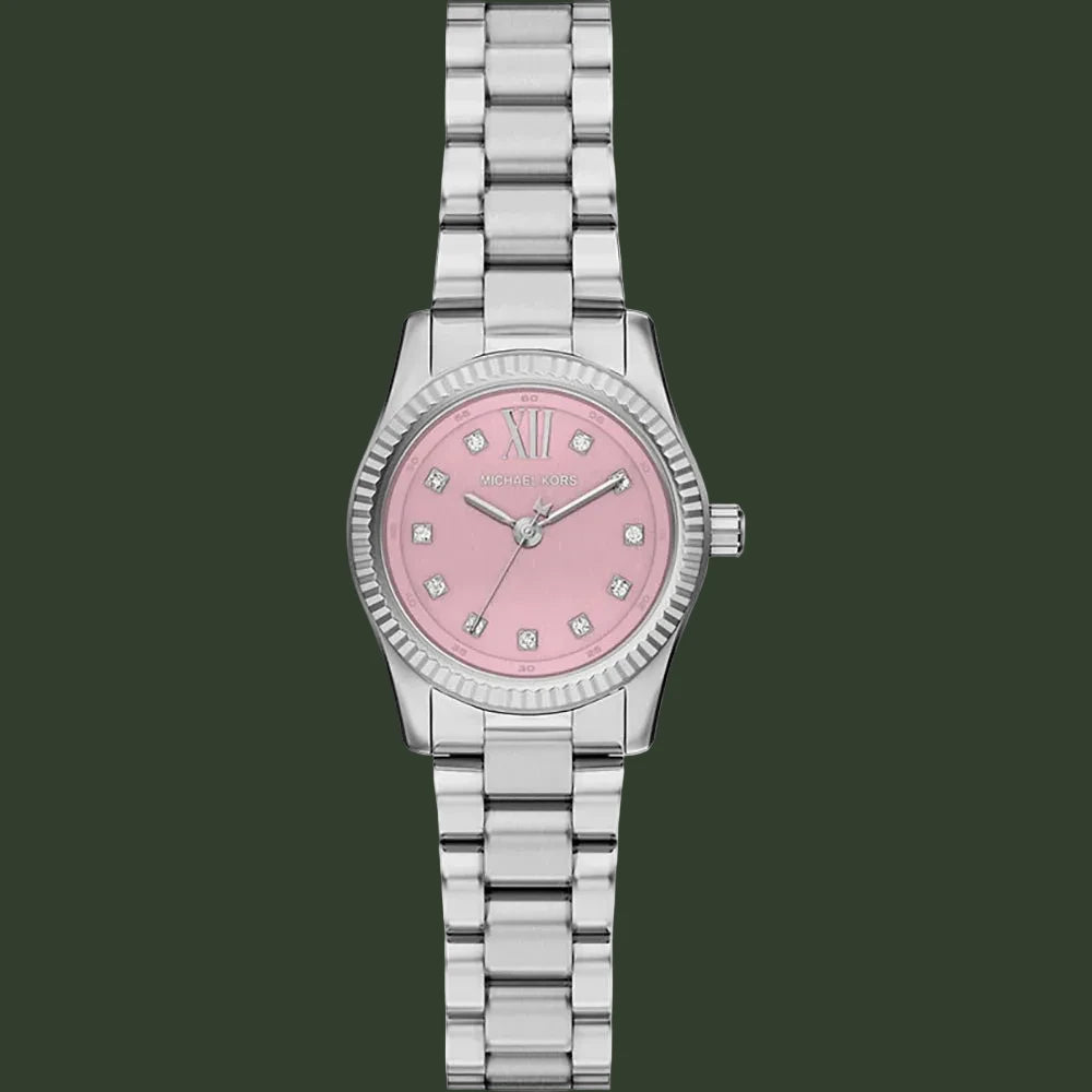 Silver watch with a pink face on a white background