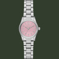 Silver watch with a pink face on a white background