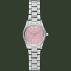 Silver watch with a pink face on a white background