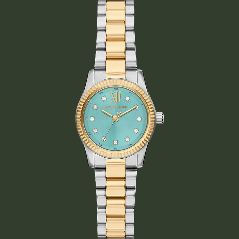 Two-tone watch with a turquoise dial on a white background