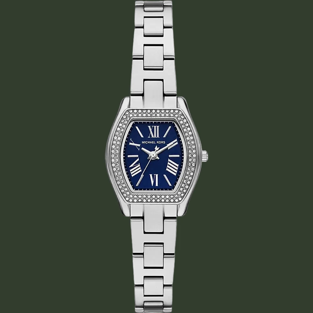 Michael Kors women's analog watch with a silver-tone metal link bracelet, a bezel set with small clear stones, and a deep blue dial with white Roman numerals.
