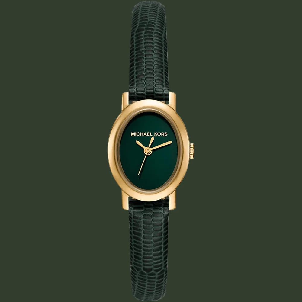 Michael Kors women's watch featuring a dark green dial, gold-tone case, and a textured dark green leather strap, shown against a plain white background.