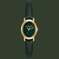 Michael Kors women's watch featuring a dark green dial, gold-tone case, and a textured dark green leather strap, shown against a plain white background.