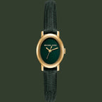 Michael Kors women's watch featuring a dark green dial, gold-tone case, and a textured dark green leather strap, shown against a plain white background.
