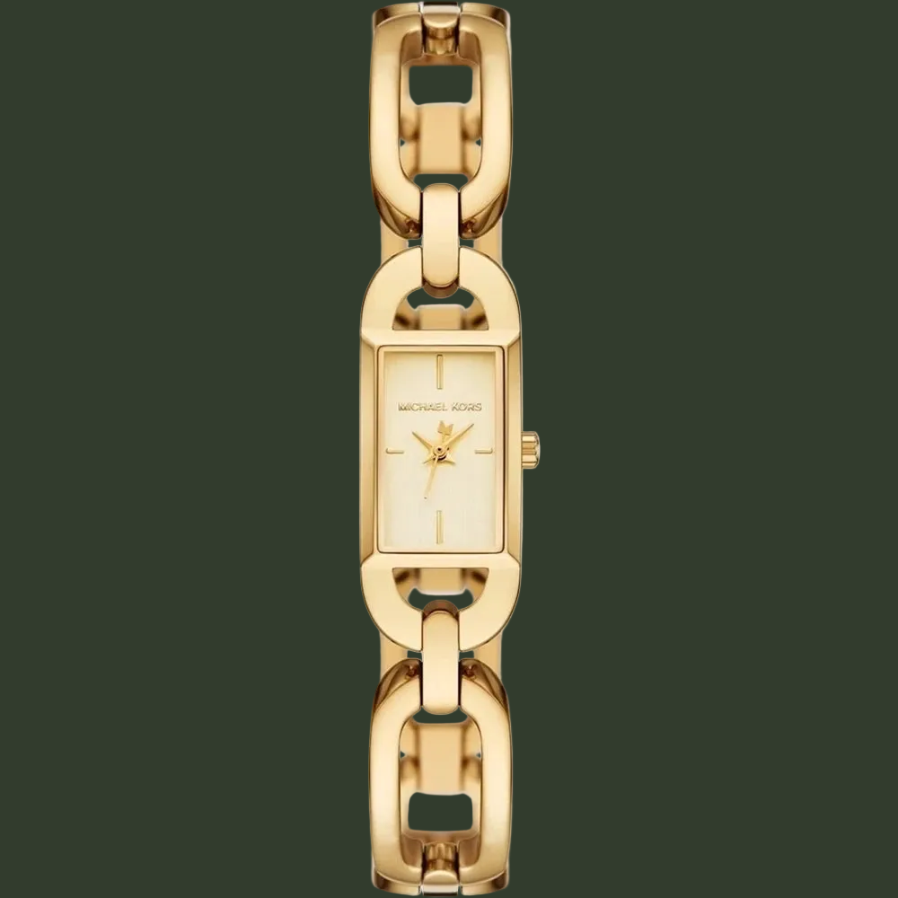 Michael Kors gold-tone metal bracelet watch with a rectangular dial and interlocking link design, shown on a plain white background.