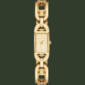 Michael Kors gold-tone metal bracelet watch with a rectangular dial and interlocking link design, shown on a plain white background.