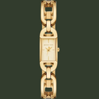 Michael Kors gold-tone metal bracelet watch with a rectangular dial and interlocking link design, shown on a plain white background.