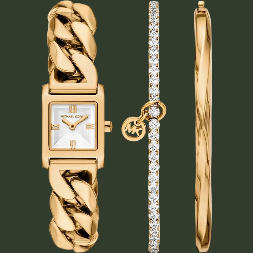 Michael Kors gold-tone jewelry set featuring a women's watch with a chunky chain strap, a slim bangle bracelet, and a diamond-studded bracelet, shown on a white background.