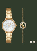Michael Kors jewelry set featuring a gold-tone stainless steel watch with a mother-of-pearl dial, a matching gold-tone bracelet with a crystal-accented MK logo charm, and a pair of matching stud earrings, all on a white background.