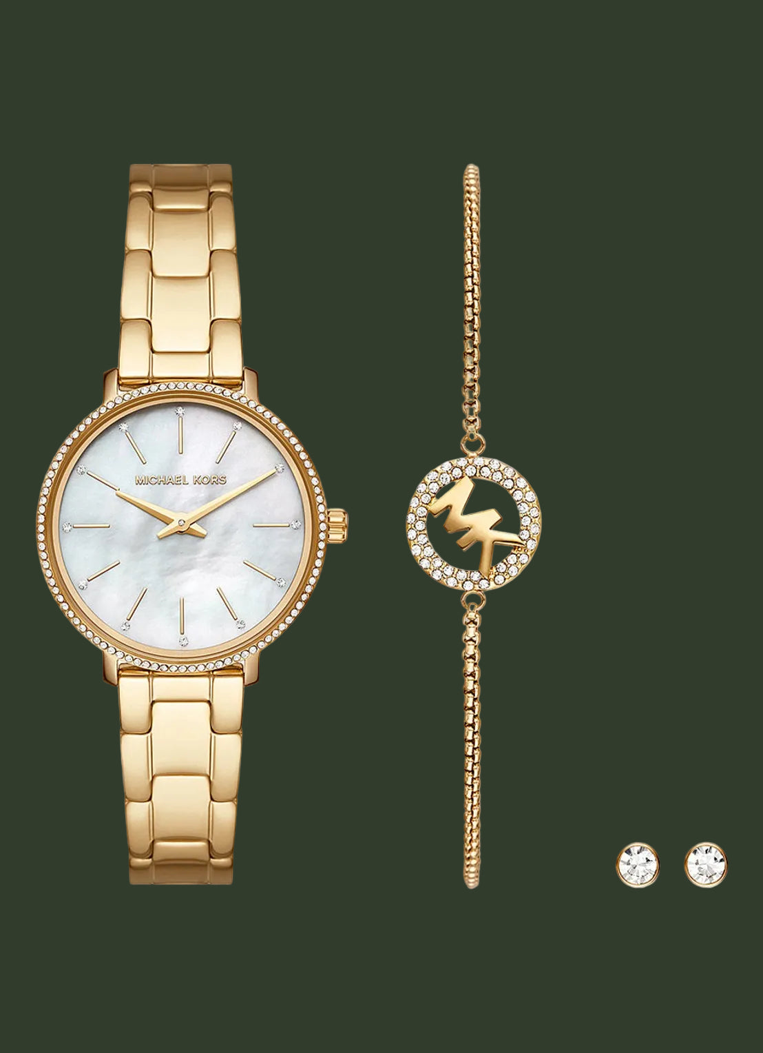 Michael Kors jewelry set featuring a gold-tone stainless steel watch with a mother-of-pearl dial, a matching gold-tone bracelet with a crystal-accented MK logo charm, and a pair of matching stud earrings, all on a white background.