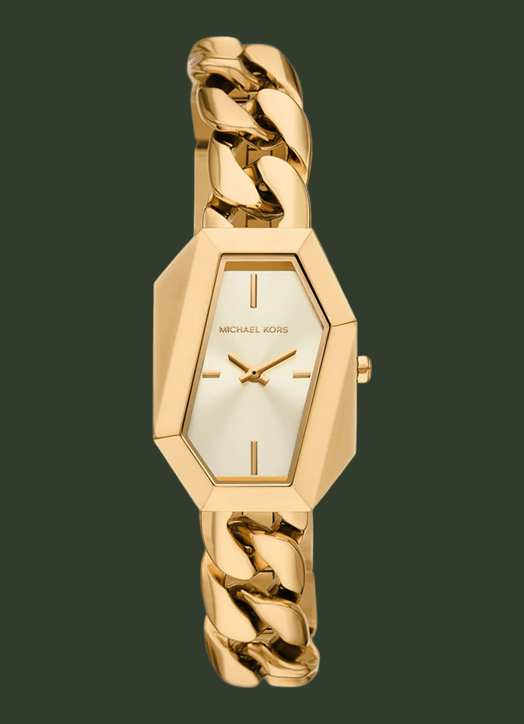 Gold watch with chain design on a white background