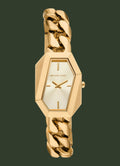 Gold watch with chain design on a white background