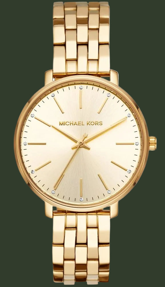 Gold watch with a white face on a white background
