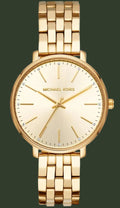 Gold watch with a white face on a white background