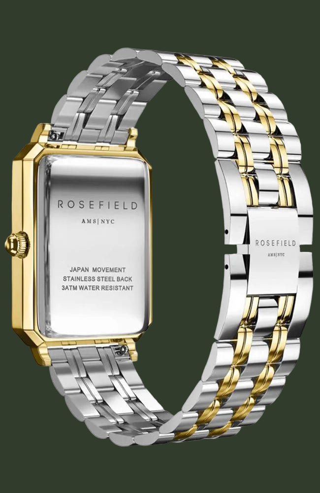 Rosefield women's watch with a two-tone stainless steel and gold link bracelet, featuring a rectangular silver-toned case with a clear back and gold-tone bezel and crown.