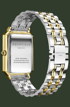 Rosefield women's watch with a two-tone stainless steel and gold link bracelet, featuring a rectangular silver-toned case with a clear back and gold-tone bezel and crown.