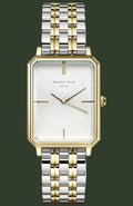 Rosefield women's two-tone stainless steel and gold watch with a rectangular bezel, white dial, and integrated link bracelet.